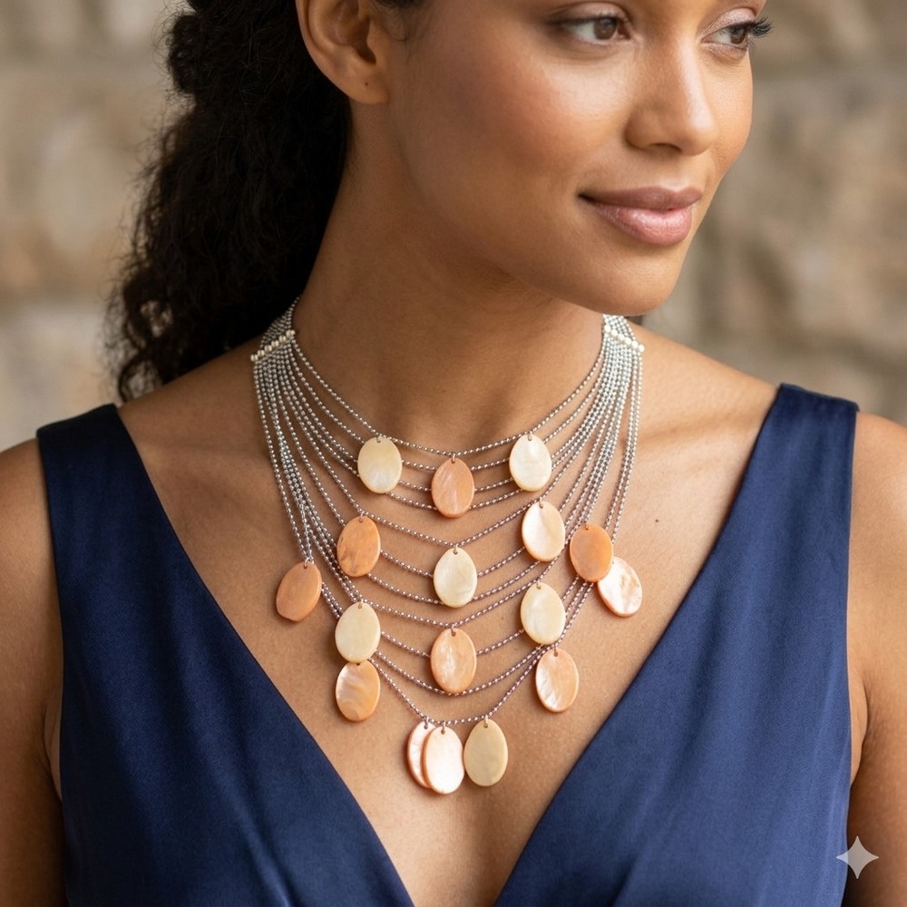 Orange & Silver Tone Multi Strand Waterfall Bib Necklace Statement Retro Boho
